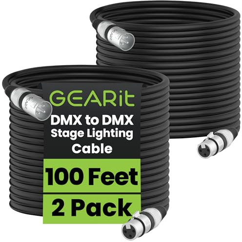 GearIT DMX Stage Lighting Cable (100 Feet, 2-Pack) - DMX Male to Female (XLR Compatible) 3-Pin Balanced Shielded for DJ LED Moving Head Par Light, Mic Mixer, Recording Studio, Podcast - 100ft