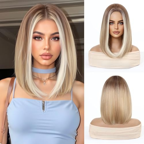 Esmee 14 Zoll Kurze Gerade Ombre Blonde Bob Perücken Synthetischem Haar mit Braun Wurzeln für Frauen Cosplay Tägliche Party Verwendung
