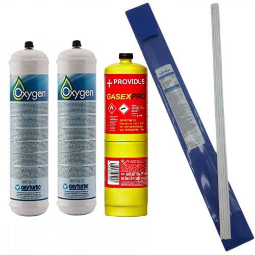 GASFRIGO - N° 2 bombole ossigeno per saldatura 930 ml. 110 bar M12x1 + 1 bombola gasex pro (map pro) 400g. CGA600 + bacchette per saldatura rivestite con argento al 40% confezione da 100 gr.