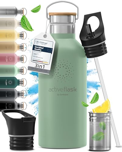 Trinkflasche Edelstahl mit Strohhalm, Infuser + 3 Deckel: BPA-frei, Auslaufsicher, Kohlensäure geeignet - Wasserflasche Fahrrad Thermosflasche Isoliert Isolierflasche Sport Wasser Flasche Kinder Tee