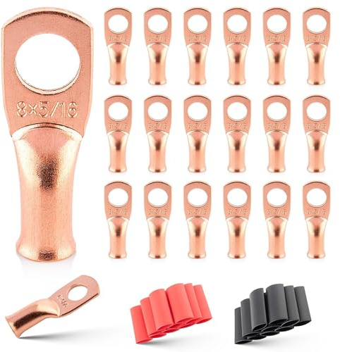 RED WOLF 20 capicorda per batteria AWG-5/16 W/tubo termorestringente 3:1, estremità del cavo della batteria, capicorda in rame resistente, terminali ad anello tubolari, 8 capicorda ad anello per filo