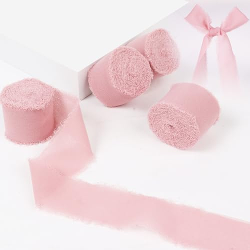 4 Rollen 3.5cm x 5.2m Chiffonband, Chiffon Stoffband Geschenkband, Hochzeit Schleifenband, Grau Rosa