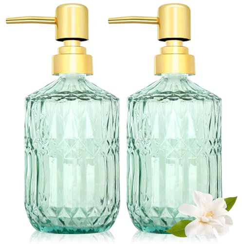 2 Pack 400ml Vintage Glass Soap Dispensers with Pump, Refillable Ribbed Design Liquid Soap Bottles for Bathroom, Vanity Countertop, Kitchen Sink, Laundry Room, Home Decor Accessories (Green)