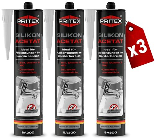 PRITEX Sanitär Silikon Silbergrau 3x 300ml, Acetat für Bad & WC Dichtmasse