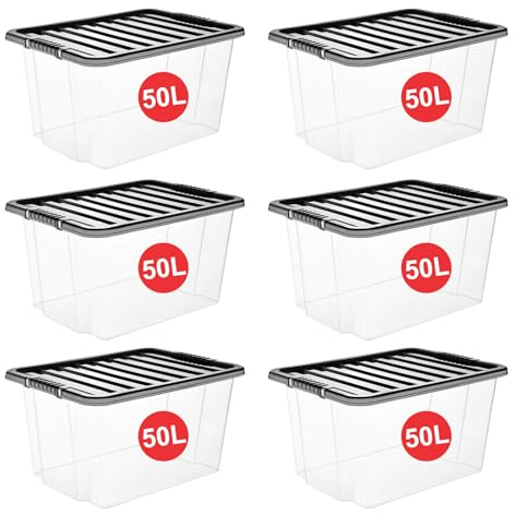 RelianceUK 6 X 50L Plastic Storage Box with Lid | 50 Litres Large Storage boxes with Lids Stackable Containers for Clothes Shoes Crafts - Ideal for Home Office Kitchen Garage (Black Lid, Pack of 6)