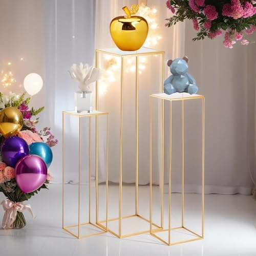 Kapaga 3pcs Gold Metal Plant Stand, Cylinder Pedestal Stands for Parties, Metal Plant Columns Pedestal Stands for Display, Square Cylinder Columns tables for Weddings Cake Stand Floor Plant Tables