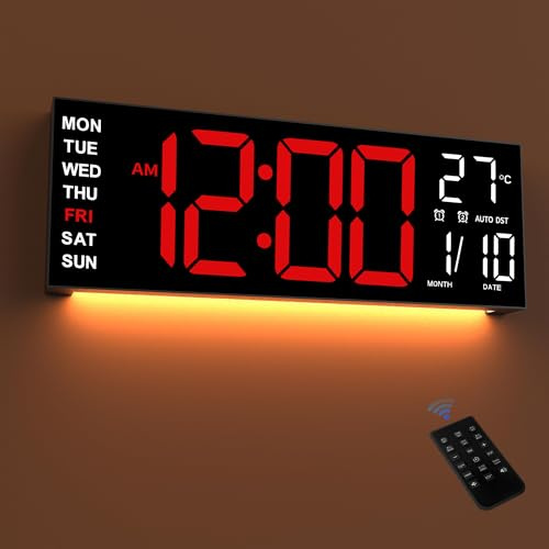 Mee 2ou 16.5 Large LED Wall Clock with Night Light & Remote Control | Auto Dimming, 2 Alarms, 8 RGB Color, Temperature,12/24H, Countdown Timer for Living Room, Bedroom, Desk, Gift for Elderly