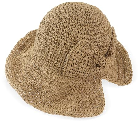 Feelorna Cappello di paglia da donna, floppy, larghezza tesa paglia, cappello estivo pieghevole, con nodo Bow, protezione UV, cappello da spiaggia per vacanze all'aperto, spiaggia