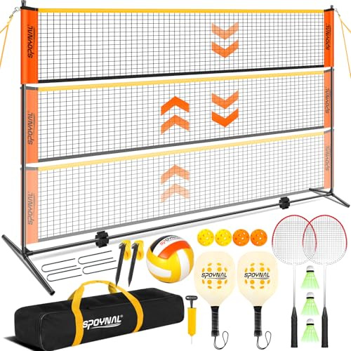 SPOYNAL 3-in-1 Volleyball Badminton Pickleball Net Set, Adjustable Height | 10FT Portable backyard net set with badminton rackets and shuttlecocks, volleyball and pump, pickleball gear and carry bag
