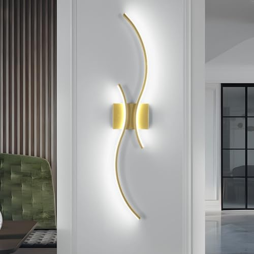 Comely Aplique Pared Interior LED, 27W 3075LM Creativo Lineal Lámpara de Pared Moderno, Dorado Luz de Pared de Aluminio para Dormitorio Salón Comedor Pasillo, Luz Blanca 6500K