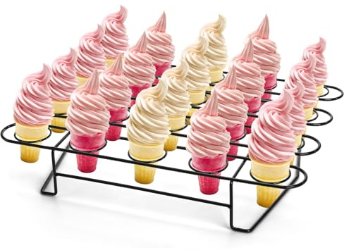 Kingrol 20-Cavity Ice Cream Cone Holder Rack - Metal Waffle Cone Display Stand for Display, Dessert Table, and Party Treats, 16.25x12.5, Black