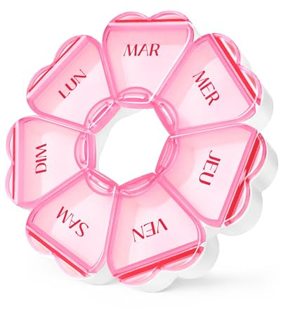 FHORAIN Pilulier Hebdomadaire en Forme de Fleur, 7 Compartiments, mignon, rond, Organisateur huiles de poisson de Médicaments et Vitamines (Rose transparent)