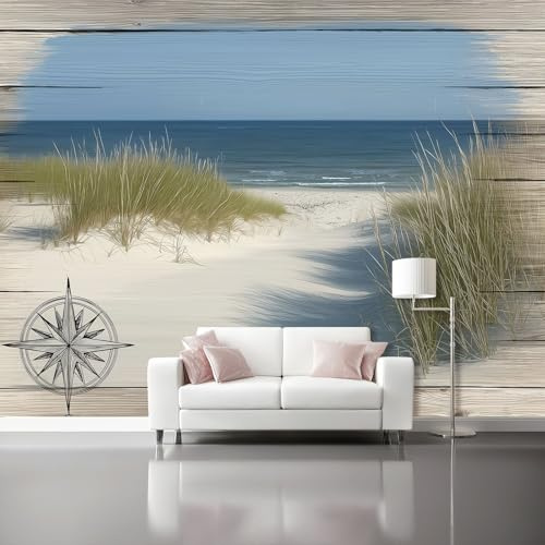 Fotomurales Marco de madera Playa Naturaleza Vintage Papel pintado tejido no tejido decoración Pared decorativos 200 x 140 cm Sala Cuarto Oficina Salón Decoración Casa Azul Verde