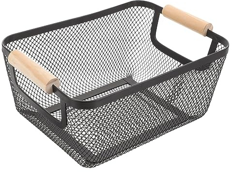 Zerodeko Rectangular Metal Wire Storage Basket with Wooden Handle Small Black Farmhouse Organizer for Bathroom Kitchen and Home Large Capacity Mesh Bin for Towel and Household Storage