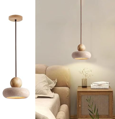 Japanese Wabi-Sabi Pendant Light Round Vintage Natural Stone Shade Adjustable Height LED Dimmable Hanging Lamp for Kitchen Island Dining Room Living Room Bedside Hallway (Natural Wood Colour)