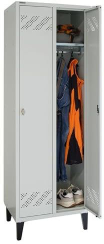 SCHÄFER SHOP Umkleideschrank abschließbar, Spind mit 2 Böden, Schließfächer, Doppelspind, Kleiderschrank 50 cm tief, Schliessfachschrank 63 cm breit, Kleiderspind klein, Stahlblech, lichtgrau