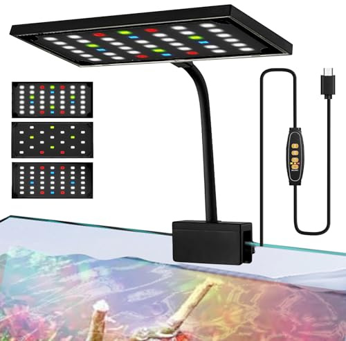 BORDEAG Illuminazione Led Clip-On per Acquario, Luce Led per Acquario, Illuminazione Acquario 14 W, Luce Acquario Spectrum, Clip On a Spettro Completo, Timer Regolabile, Per Acquari