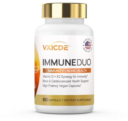 VXICDE Vitamin K2 with D3 Supplement Non-GMO Formula 125 mcg Vitamin D3 & 100 mcg K2 (MK-7) Easy to Swallow D & K Complex, 60 Capsules