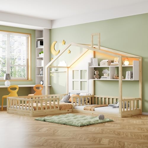 Aunvla Barnsäng 90 x 200 cm (140 x 70 cm) med fönsterhyllor, LED-ljusband, rumshög massiv träsänglåda med säkerhetsgaller och ribbotten, träfärg, gammal SKU LDB00288AAN