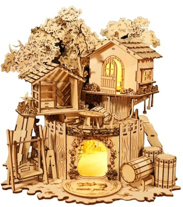 Music Park 3D Wooden Puzzle Treehouse for Adults to Build, DIY Miniature Model Kit with LED Light, Wooden Building Kits for Adults, Home Decor Christmas Birthday Gift
