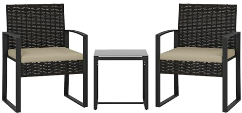 Conjunto de bistró de mimbre de 3 piezas Outsunny, conjunto de muebles de jardín de mimbre PE, mesa de bistró de vidrio templado y sillas con cojines para patio, balcón, porche, color caqui.