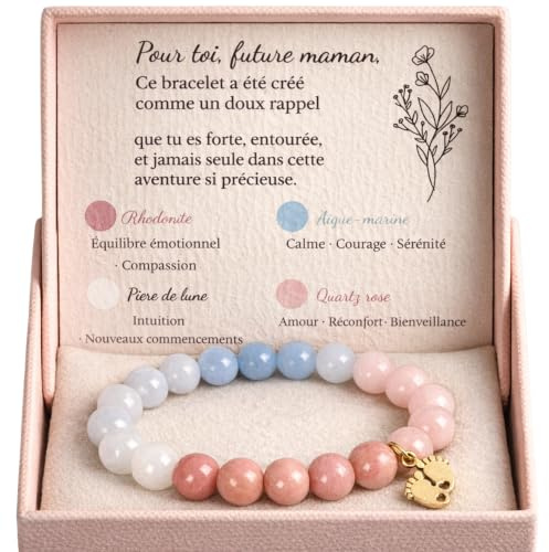 LouisAna Creation Bracelet en Pierre Naturelle pour Future Maman avec Breloque Pied de Bébé Dorée, Rhodonite et Quartz, Cadeau Femme Enceinte Fait Main, livré en coffret cadeau