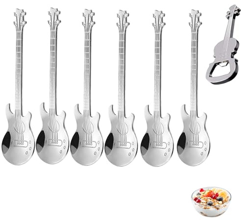 Guitar Spoons Coffee Teaspoon, FUAAOLIY 6PCS Silver 304 Stainless Steel Dessert Spoons with Opener for Stirring Drink Mixing Milkshake Jam, Cute Musical Teaspoon for Christmas Birthday