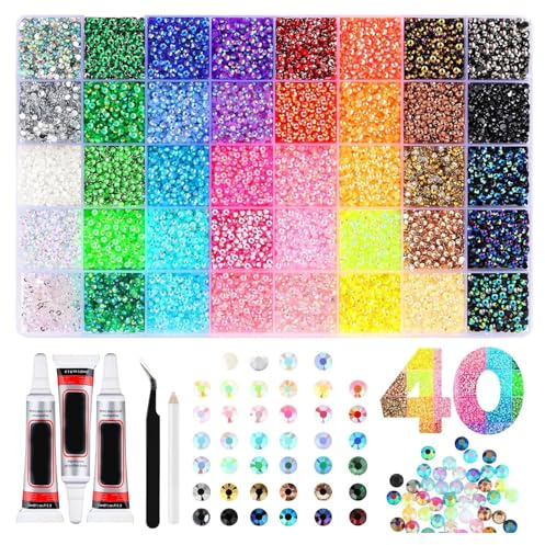 32000-Teiliges Bedazzler Kit mit Glue, 40 Farben Harz Strasssteinen, 3mm Glitzersteine Bedazzling Kit, Buntes Flatback Rhinestones für Nageldesign, Gesichts-Make-Up, Bastelarbeiten