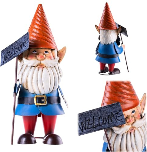 KADAX Figura de enano de jardín de 33 cm con escudo de bienvenida, figura de jardín de acero pulverizado, gnomos de jardín de metal, figura decorativa para exteriores, decoración de jardín