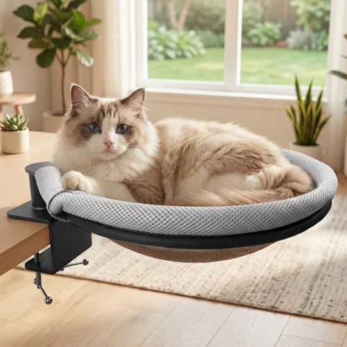 EXSLUNG Katzenbett für Schreibtisch Stabil Katzenhängematte 360° Drehbar | Cat Bed for Desk bis zu 20KG Katzenkorb mit 2 Waschbaren Bezügen Katzenliege Bett für Home, Office, einfache Installation