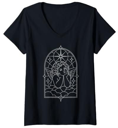 Women's Angelic Cherub Angel Baby Stained Glass Window Line Art V-Neck T-Shirt