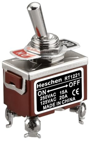 Heschen Metal Toggle Switch, RT1221, DPST, Maintained, ON/OFF 2 position, 15A 250VAC, CE