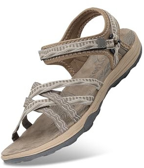 GRITION Sandali Sportivi da Donna, Sandali Estivi da Trekking da Spiaggia da Signora, Incrociati Scarpe Basse Moda Comode e Regolabili con Punta Aperta 38-Beige