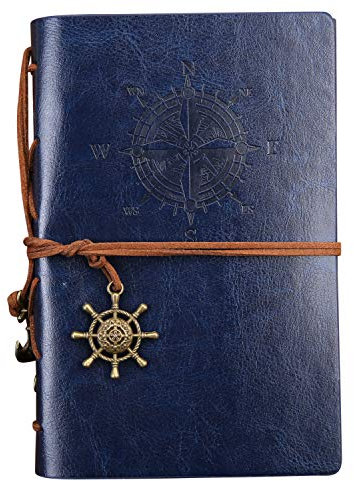 semen Tagebuch Vintage Optik Kompaß Druck PU Leder Cover Travel Journal Reisenotizbuch Anker Ringbucheinlagen Schreiben Geschenkidee Handgeschöpftes Papier Notizbuch (75 Blätter, A5/A6/A7)