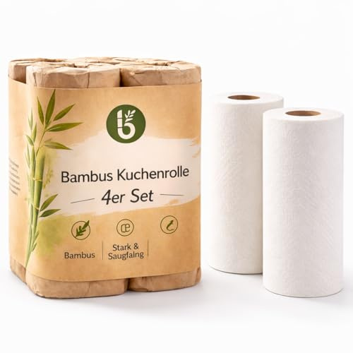 Bambus Allzwecktücher - Küchenrolle - waschbare Haushaltstücher - extrem Saugstark und Reißfester als normale Küchentücher - ersetzt bis zu 60 Haushaltsrollen - 4 Rollen