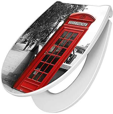 banjado Premium Toilettendeckel mit Absenkautomatik 45x38,4cm / WC Brille Soft Close/hygienischer Toilettendeckel/Klodeckel Duroplast mit Edelstahl Scharnier/Motiv London Red Telephone