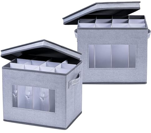 VENO Pack de 2 Cajas con Tapa y Asas, para Copas de Champán, Cajas de Mudanza para Copas, Contenedor Organizador para Vajilla, Soporte para Cristalería (flauta de champán, pack de 2)
