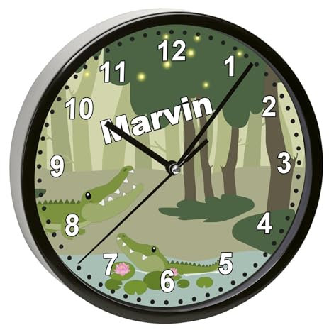 CreaDesign, Wanduhr Kinder personalisiert mit Name, Motiv Krokodil, Rahmen Wanduhr schwarz, Ø 19,5 cm