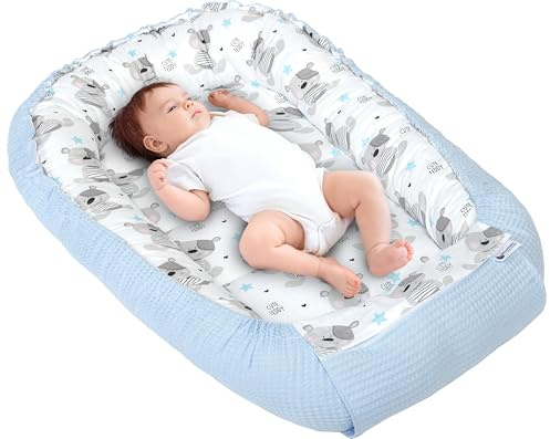 Medi Partners Babynestkapsel för nyfödd Babynest Sleep Bed - 100x60x15 Solsäng Essentials 0-12 månader sovande bilateral kokong 100% bomull våffelr (Nallebjörn med ljusblå våffelmönster)