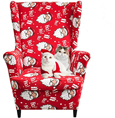 Highdi 2-Teilig Ohrensessel Überzug, Weihnachten Rot Sessel-Überwürfe Universal Ohrensessel Schonbezüge Bezug Sesselhusse Strandmon Tiger Stuhlbezug mit Armlehne Hohe Rückenlehne (Weihnachtsmann)