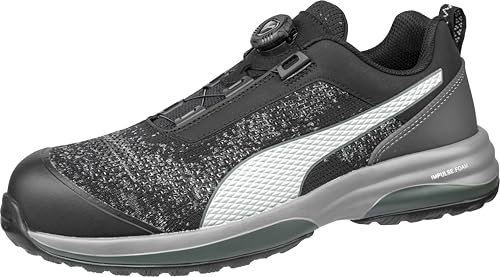 PUMA Safety Charge Low arbetssko säkerhetssko S1P ESD HRO SRC glasfiberkeps genomträngningsskydd halkfri värmebeständig vegansk unisex, Svart skiva, 44 EU