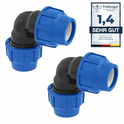 SmartProduct 20mm - 2 Stück - PE Rohr Verschraubung Winkel 90 Grad PN16 DVGW Trinkwasser zertifiziert – 20 mm Klemmverbinder für Innen- und Außeninstallationen – PP Kupplung für PE80 PE100 Rohren