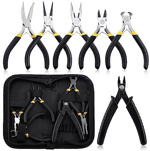 Tanstic 7Pcs Jewelry Pliers Set Includes Round Nose Pliers, Bent Nose Pliers, Crimping Pliers, Wire Cutters, End Cutting Pliers, Chain Nose Pliers with Storage Pouch for Beading, Wire Wrapping