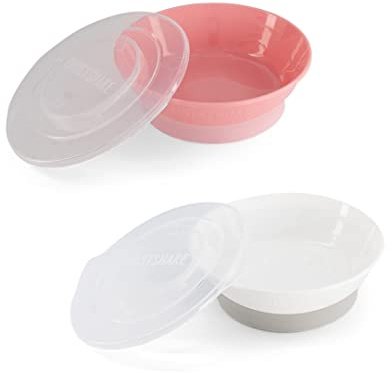 Twistshake Bol Pour Bébé Avec Couvercle Hermétique - Lot de 2 | Sans BPA | Assiette d'Apprentissage De l'Alimentation Pour Enfants | Bol à Céréales | Rose Blanc