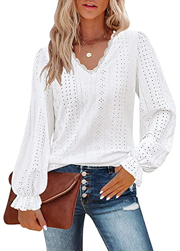 Flikity Womens Long Sleeve Tops, Lace V Neck Shirts for Women UK Ladies Blouses Going Out Tops Office Work Blouses Fashion Spring Autumn Winter Tunic Clothes White L