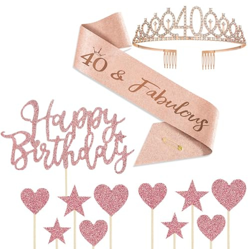 INGJIA 40 Ans Couronne Anniversaire Echarpe Femme,Or Rose Echarpe Couronne Anniversaire 40 Ans Gâteau Topper Cadeau Décoration Anniversaire 40 Ans Femme
