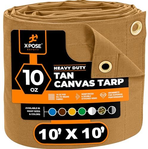 Xpose Safety Canvas Tarp - 10oz Tan Canvas Tarps Heavy Duty Water Resistant with Brass Grommets- Multipurpose Outdoor Tarpaulin for Camping, Canopy, Trailer, Equipment Cover 10' x 10'