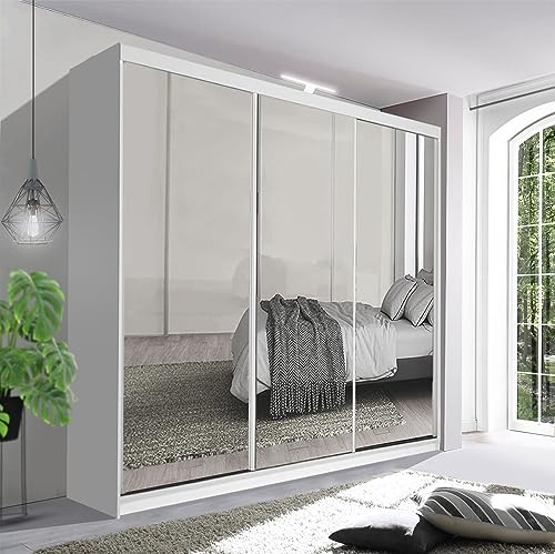 German Sliding Wardrobe Contemporary Bedroom Sliding Wardrobe with LED Light - Spacious and Stylish Design comes in White/Grey/Black/Oak and Width 100cm/120cm/150cm/180cm/203cm/250cm (White, 250cm)