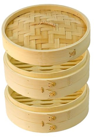DEAUVIOR Bamboo Steamer Basket - Traditional Dumpling Steamer with Lid for Cooking Vegetables, Bao Buns, Fish & Meat (6 Two Tier)