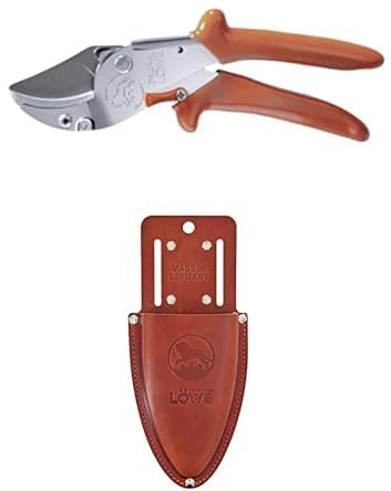 Original LÖWE Set bestehend aus Amboss Gartenschere 10.107 mit Bypass Geometrie für Schneidearbeiten im Obstbau & Leder Premium Holster 9809 mit Gürtel-Clip zur Aufbewahrung am Gürtel oder Hosentasche